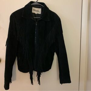 Wilsons Vintage Black Leather Suede Jacket with Collard neckline and fringe